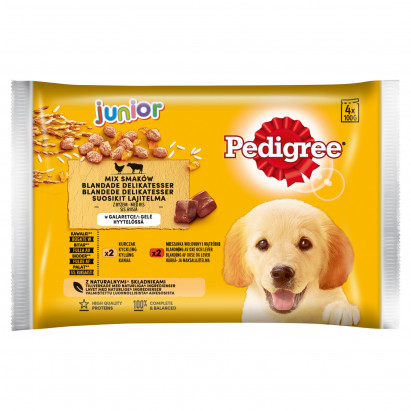 Pedigree Junior Mokra karma dla szczeniąt mix smaków z ryżem w galaretce 400 g (4 x 100 g)