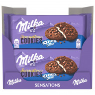 Milka Oreo Sensations, ciastka kakaowe z kawałkami czekolady i nadzieniem o smaku waniliowym - 156 g