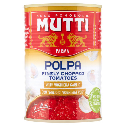 Mutti Pulpa drobno krojone pomidory bez skórki z czosnkiem Aglio di Voghiera 400 g